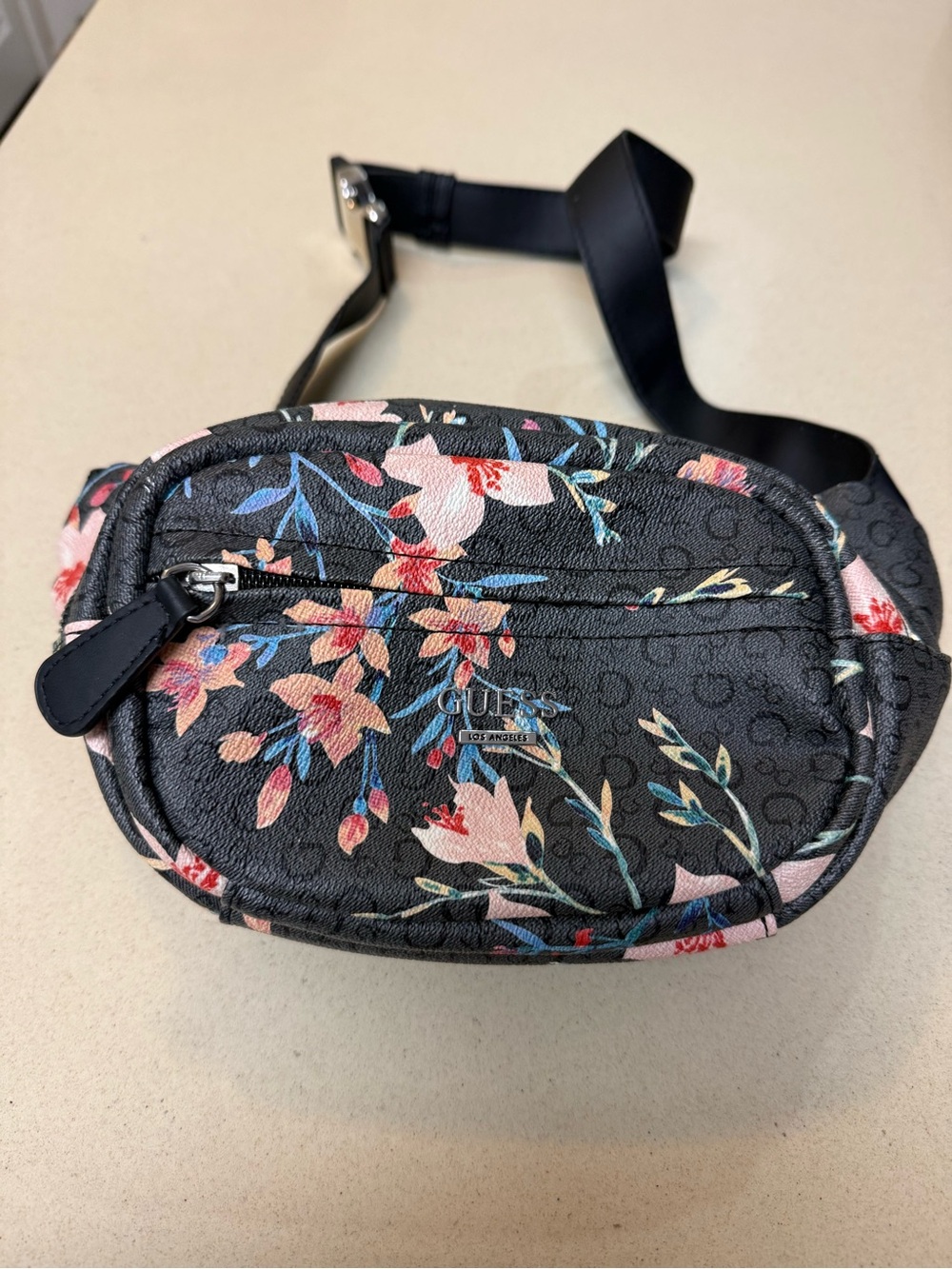 GUESS Floral Print Black Belt Bag